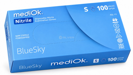 Перчатки нитрил MediOk Голубые, неопудренные, BlueSky, размер S 100шт в упак